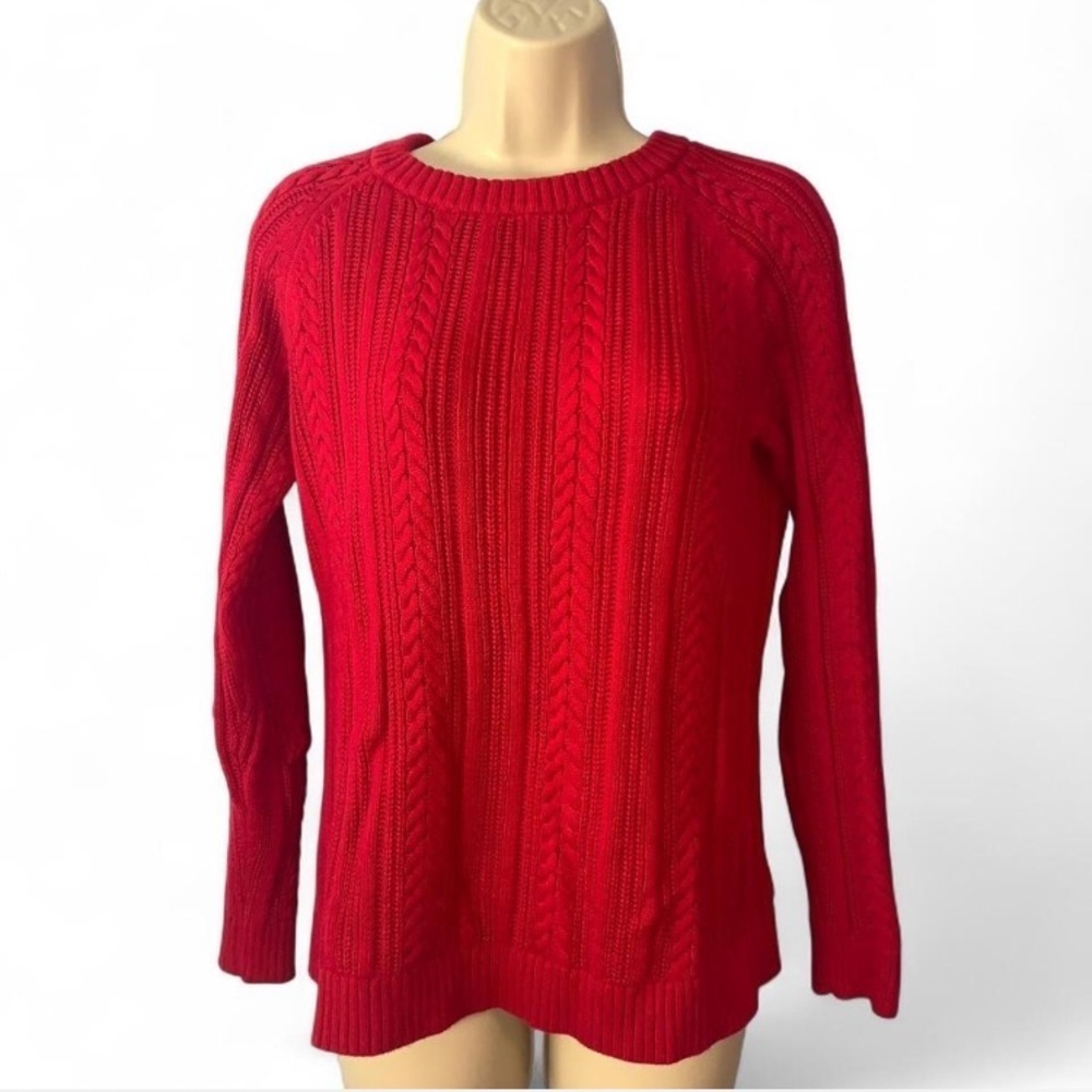 Lands end Red Cable Knit Women's Sweater size small braids stripes Fishermancore